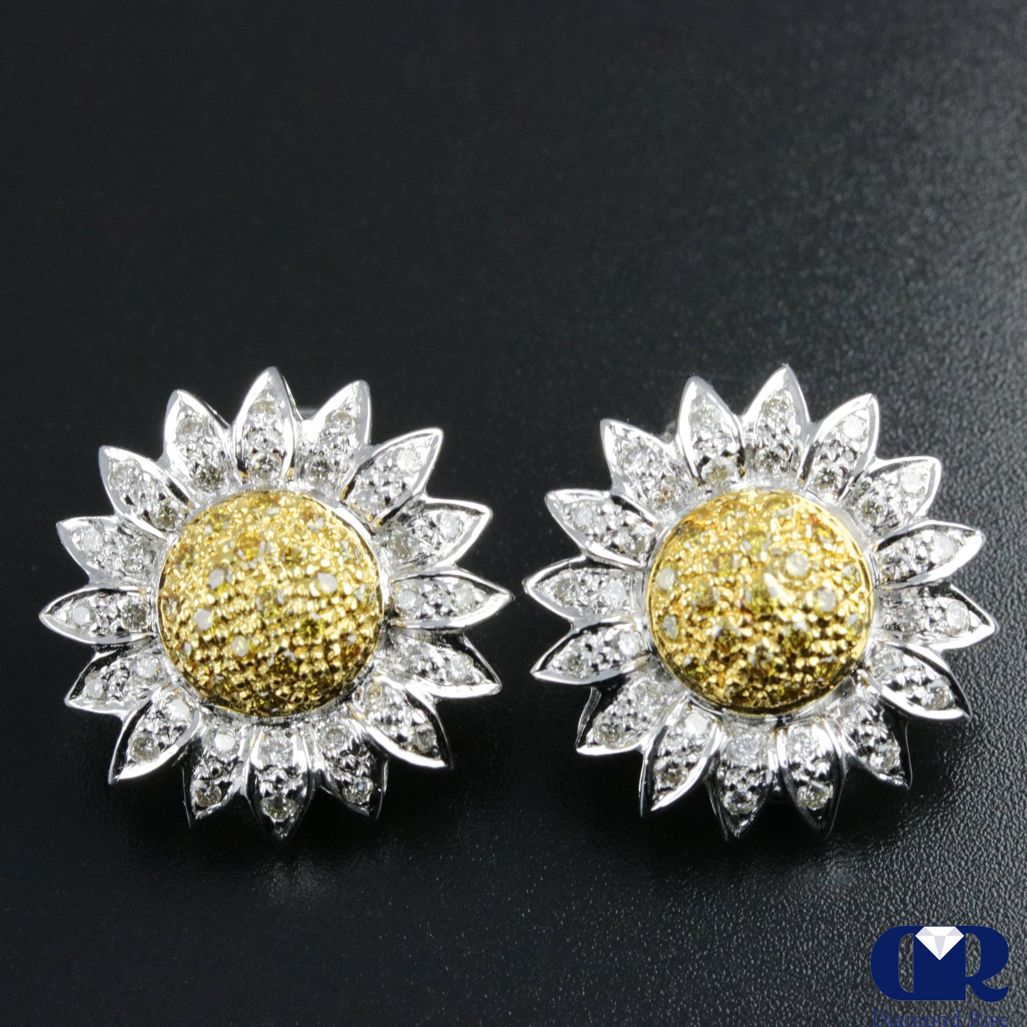 Yellow & White Diamond Sunflower Shaped Earrings In 18K White Gold ...
