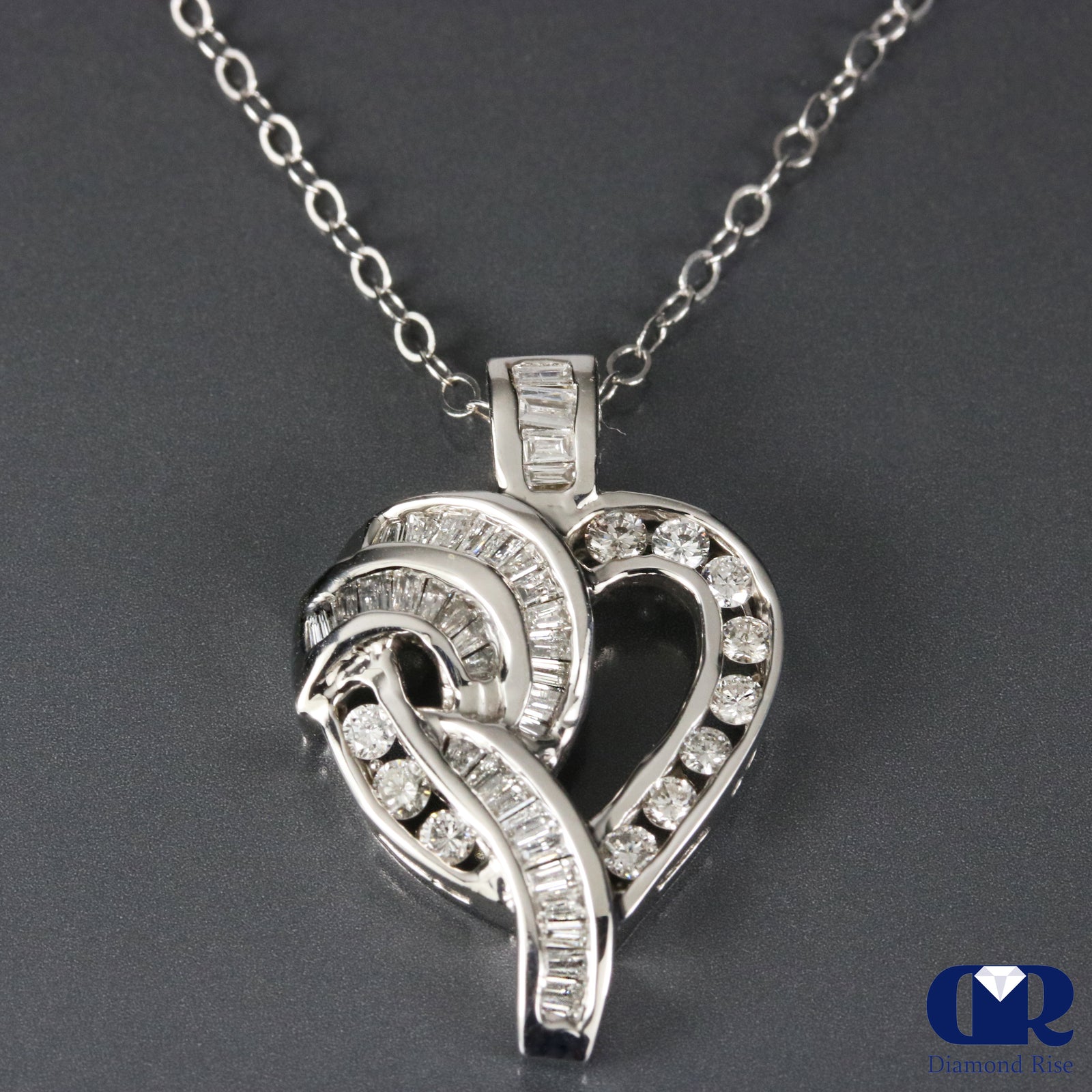 Natural Diamond Round & Baguette Heart Shaped Pendant Necklace 14KWG ...