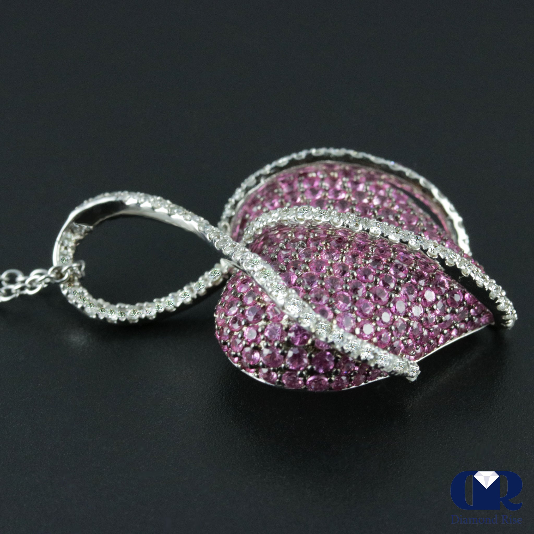 14K White Gold Pink Sapphire and Diamond Cluster Pendant Necklace